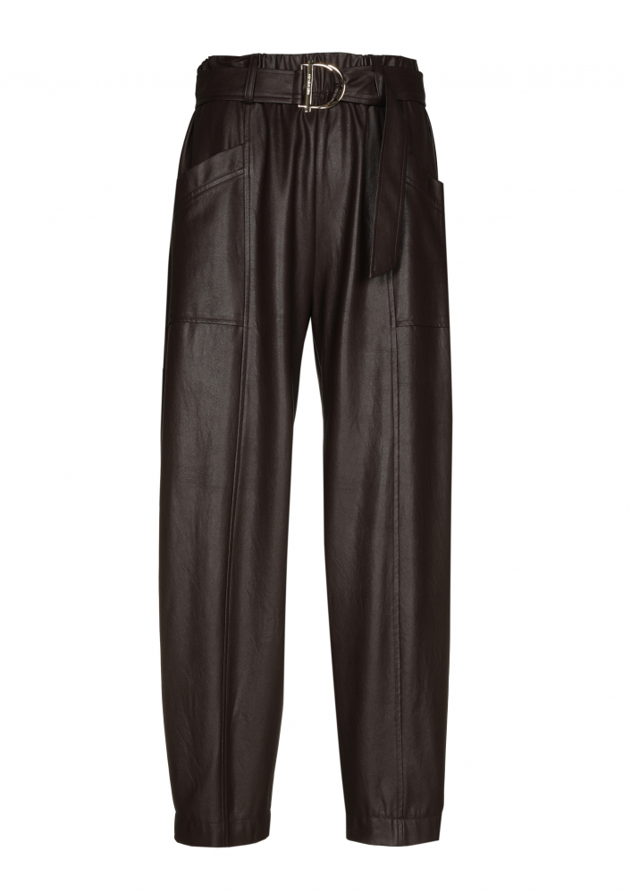 Caroline Biss - COMFORTABLE LOOSE-FITTING ECO-LEATHER PANTS, ELASTIC WAIST, BROWN COFFEE