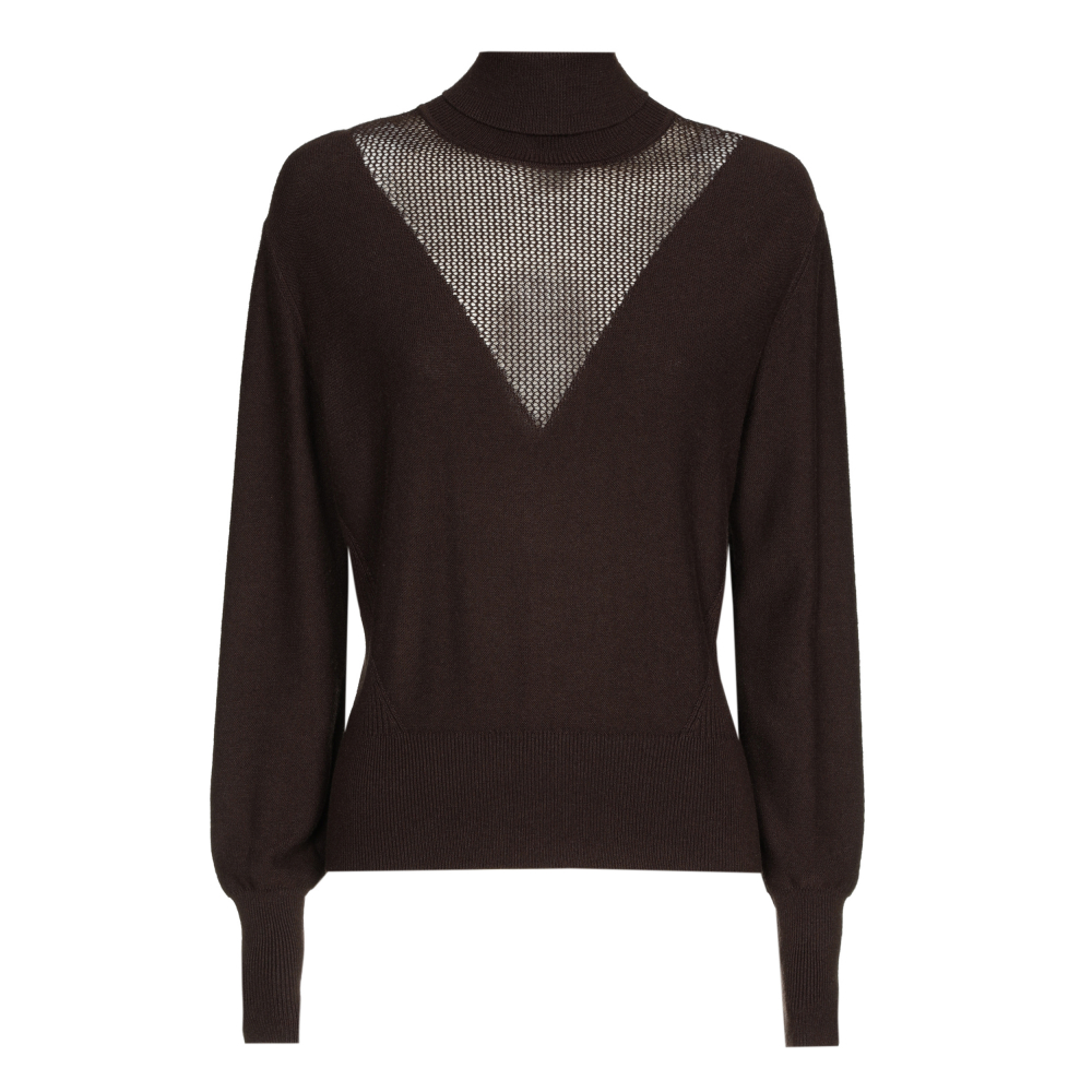 Caroline Biss - FITTED PULLOVER WITH SEMI-SHEER DÉCOLLETÉ - Coffee