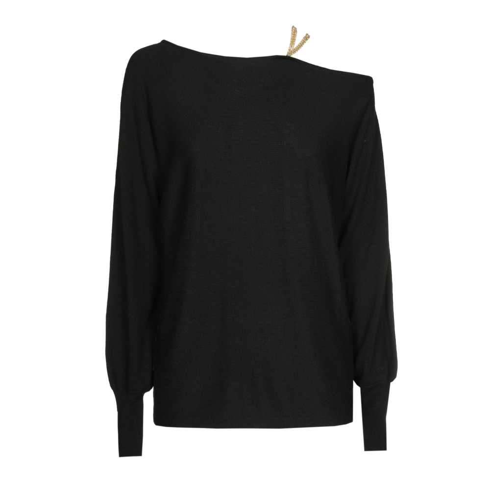 Caroline Biss - LOOSE-FITTING PULLOVER WITH SHOULDER EFFECT - Pullover - Viskose-Kashmir - einfarbig - Kette - Schwarz 