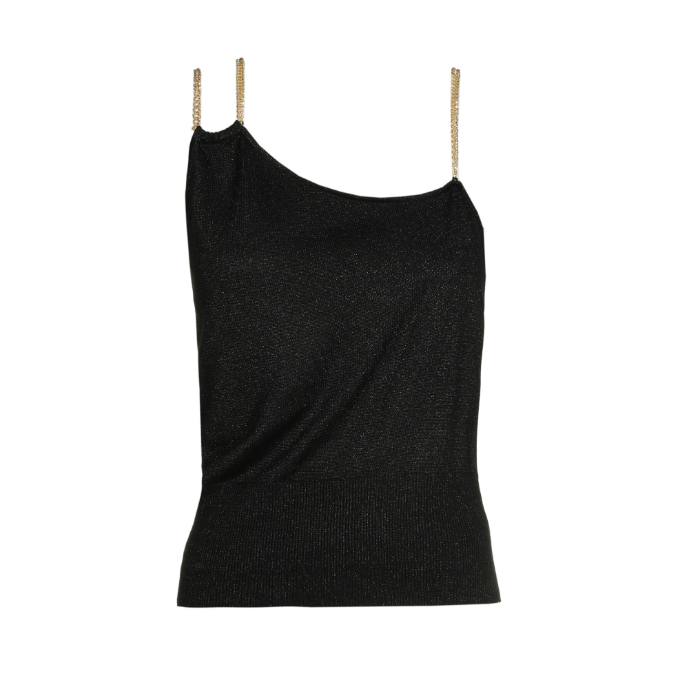 Caroline Biss - FITTED LUREX JERSEY TOP WITH SHOULDER EFFECT - Top - Viskose-Kashmir - einfarbig - Kette - Schwarz