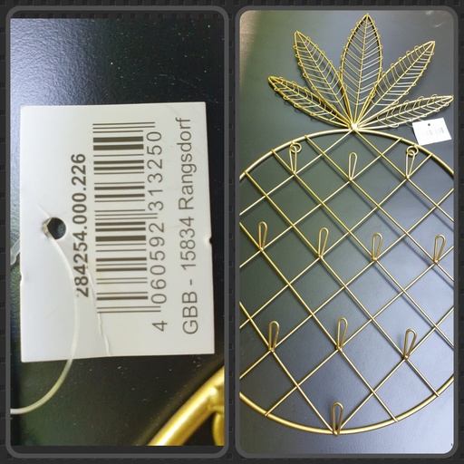 [284254000226] Ananas Schmuckhalterung Wandhalterung Wanddeko gold 28,5x21,5cm